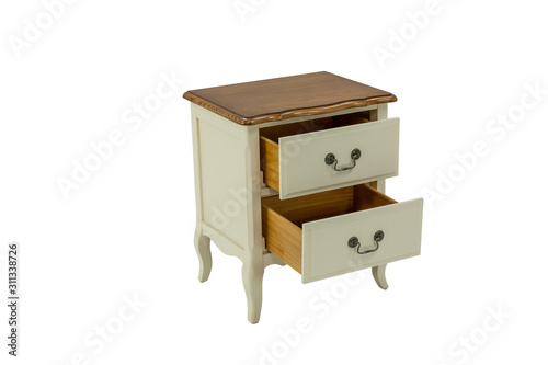 wooden nightstand with two drawers on a white background