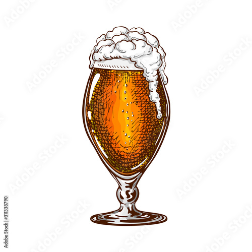 vector hand drawn tulip beer glass full of dark beer with liquid foam. Beautiful vintage beer mug or snifter with dropping froth isolated on white background. Alcoholic brown beverage in glassware.