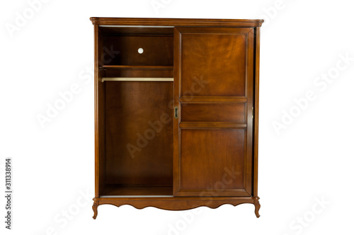 brown wooden wardrobe with two doors on a white background
