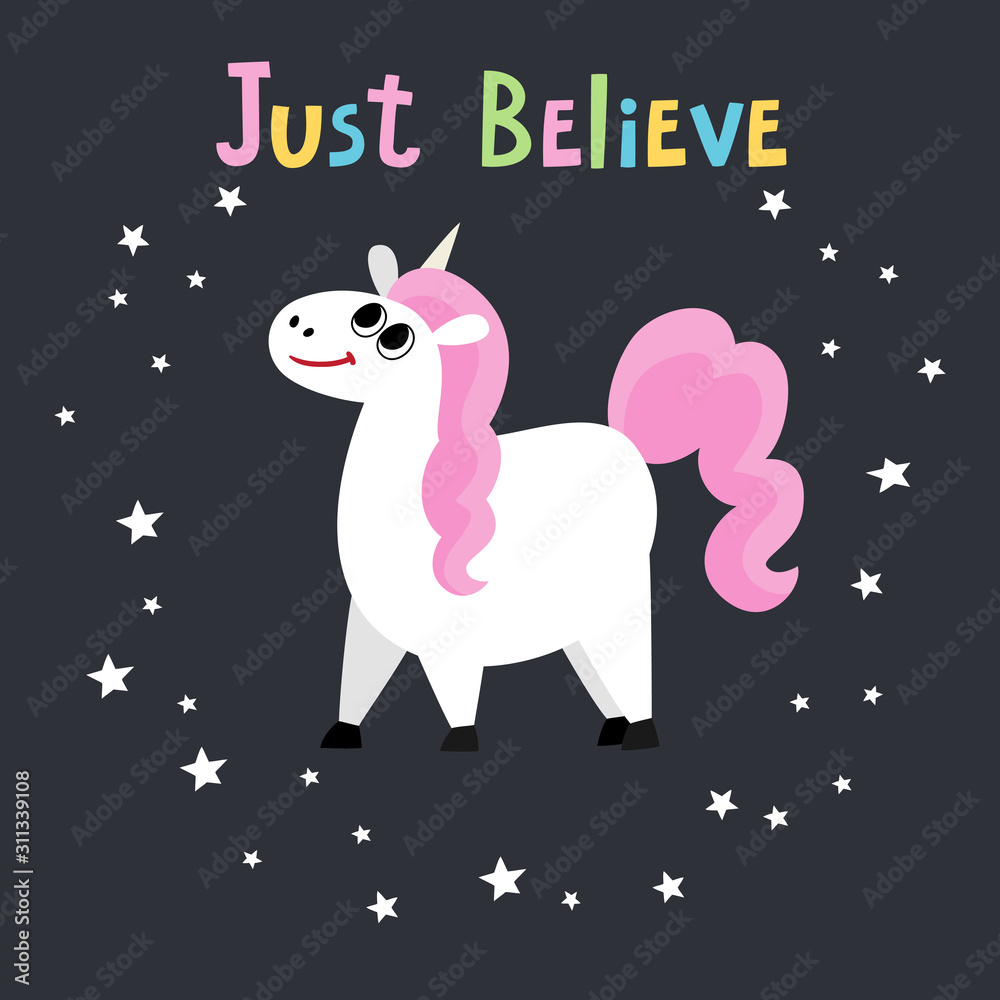 Fototapeta premium Cute magic unicorn character isolated on black.