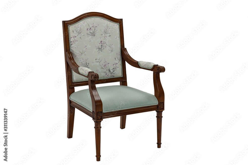 brown wooden chair with armrests with padded seat and backrest on a white background brown wooden chair with armrests with padded seat and backrest on a white background