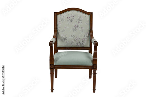 Fototapeta Naklejka Na Ścianę i Meble -  brown wooden chair with armrests with padded seat and backrest on a white background