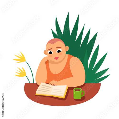 Vector illustration with plump woman reading book isolated on white