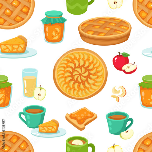 Vector seamless pattern of apple, apple pie isolated on white