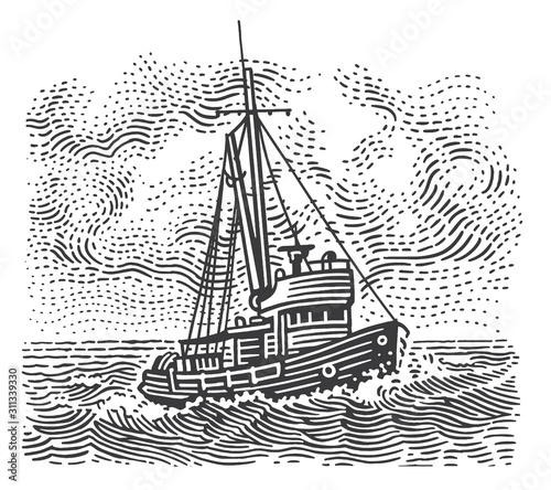 Vintage fishing boat engraving style illustration for label/prints etc. Vector, isolated, sky in separate layer. 