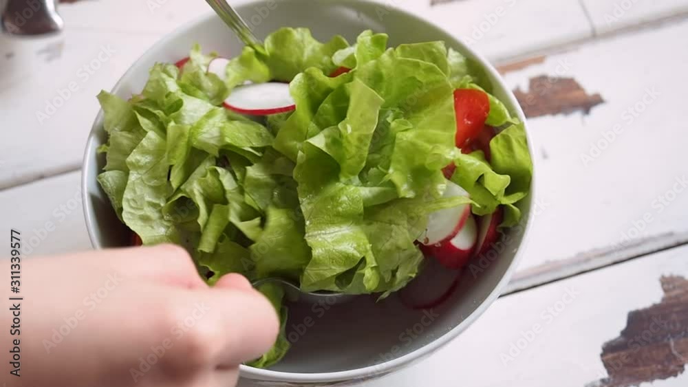 A female chef prepares a delicious healthy salad of fresh vegetables. Dressing the sauce with spices and stirring the chopped ingredients in a bowl. A female chef prepares a delicious healthy salad of fresh vegetables. Dressing the sauce with spices and stirring the chopped ingredients in a bowl.