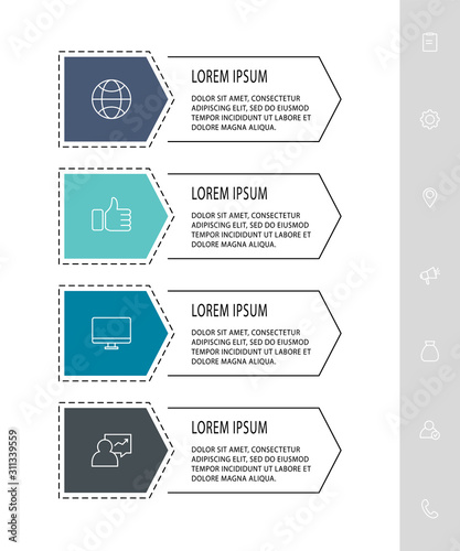 Vector infograph flat template. Shape with arrow for four diagrams, graph, flowchart, timeline, workflow, web. Business concept with 4 labels
