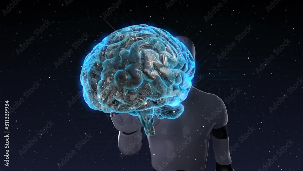 When a robot touches the screen, The brain appears in the center. Artificial intelligence. 4k animation.1. When a robot touches the screen, The brain appears in the center. Artificial intelligence. 4k animation.1.