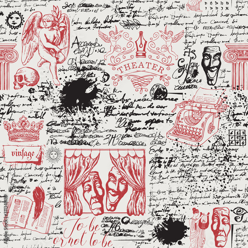 Vector abstract seamless pattern on the theme of theater and drama with red drawings and black notices in vintage style. Suitable for Wallpaper, wrapping paper or fabric with sketches and blots