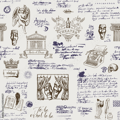 Vector seamless pattern on the theme of theater with hand-drawn sketches and handwritten notes in vintage style. Suitable for Wallpaper, wrapping paper, fabric or abstract background