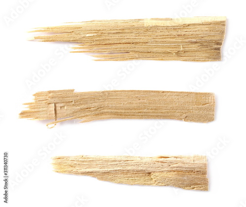 Broken wooden pieces set and collection, isolated on white background, top view