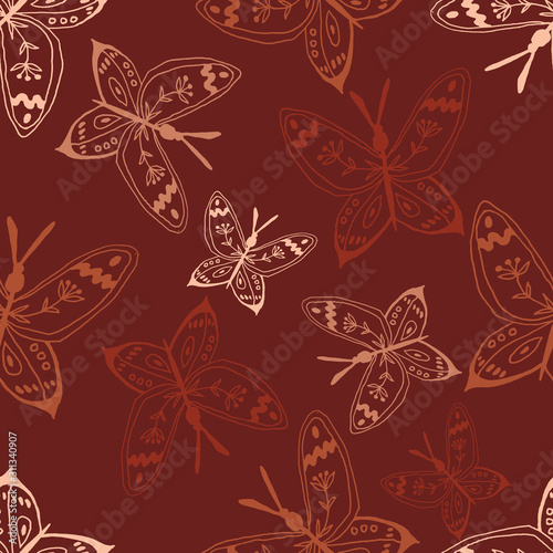 Vintage seamless pattern with butterflies in doodle style. Decoration hand drawn butterflies. The background is perfect for fabric  wallpaper for the nursery  poster and more. Vector illustration.