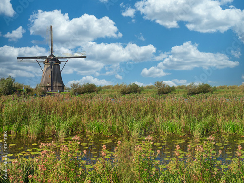 Windmill standing in the middle of the swamps covered by high grass keeping and controlling the quantity of water through the complex canals