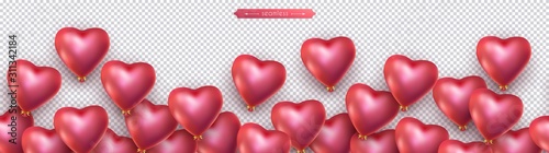 Valentines day, birthday, anniversary seamless border, flying helium red balloons in the shape of heart. Horizontal seamless isolated vector pattern, transparent background