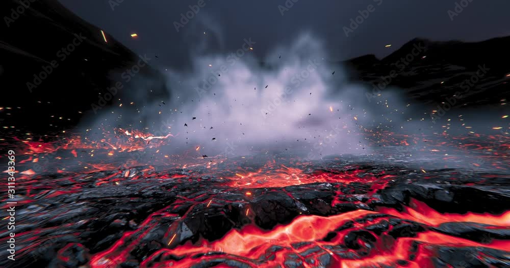 Eruption in the lava red hot liquid. 3d rendering