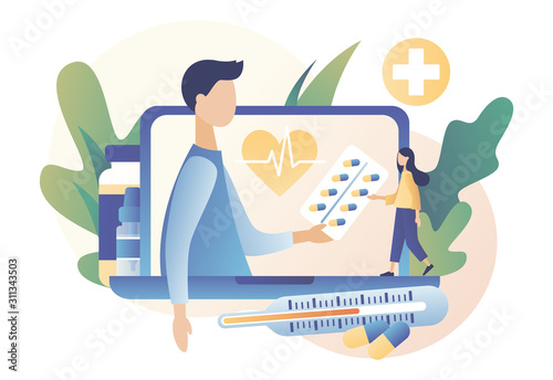 Online doctor concept. Patient consultation to the doctor. Online Medical Service. Tiny people doctors with patient card. Modern flat cartoon style. Vector illustration on white background