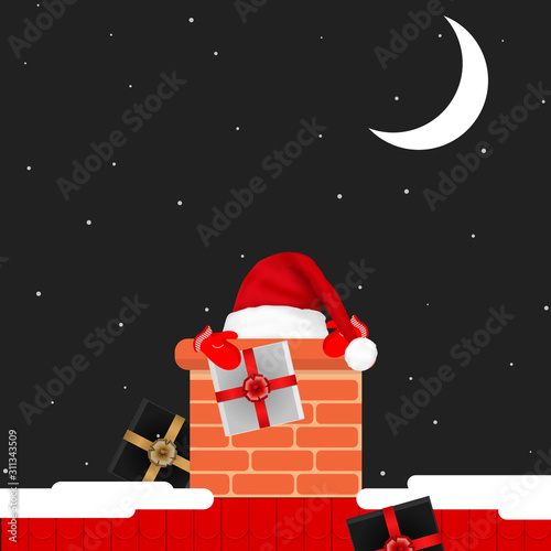 Santa Claus with presents in the chimney, vector art illustration.