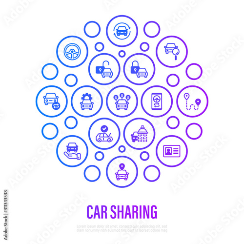 Car sharing concept in circle shape. Mobile app on smartphone, driver license, toute, key, car inspection, route, open and close car, sync thin line icons. Vector illustration.