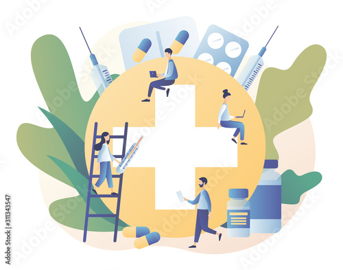 Online pharmacy store concept. Buy medicaments and drugs online. Tiny people Pharmacists in Drugstore near Medicine Pills and Bottles. Modern flat cartoon style.Vector illustration on white background