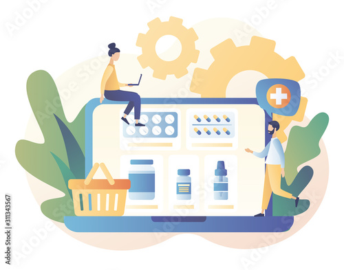 Online pharmacy store concept. Buy medicaments and drugs online. Tiny people Pharmacists in Drugstore near Medicine Pills and Bottles. Modern flat cartoon style.Vector illustration on white background