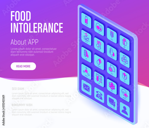 Food intolerance web page template with tablet. Thin line isometric icons. Symbols of lactose, egg, gluten, corn, seafood, palm oil, peanut, trans fat, GMO, honey, mushroom. Vector illustration.