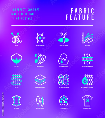 Fabric feature thin line icons set. Symbols of wool, synthetic, silk, antistatic, waterproof, leather, feather filler, eco-friendly, breatheable material. Vector illustration.