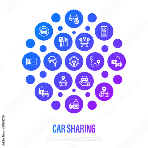 Car sharing concept in circle shape. Mobile app on smartphone, driver license, toute, key, car inspection, route, open and close car, sync thin line icons. Vector illustration.