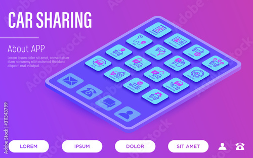 Car sharing web page template. Mobile app on smartphone, driver license, toute, key, car inspection, route, open and close car, sync thin line icons. Vector illustration.