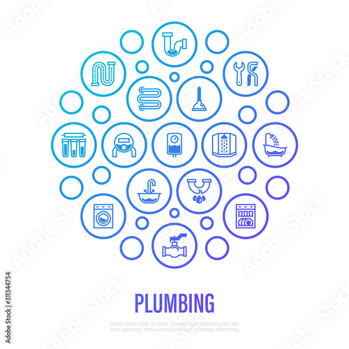 Plumbing concept in circle shape. Thin line icons: water meter, bathtub, sink, water filter, faucet, washing machine, dishwasher, siphon, pipe, ball valve. Vector illustration, template for mailing.