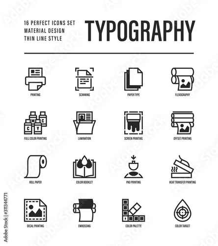 Typography, polygraphy thin line icons set. Printing, scanning, flexography, offset, roll paper, color palette, lamination, heat transfer printing, embossing. Vector illustration.