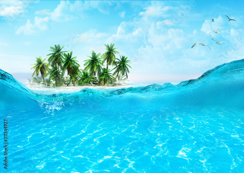 View of sandy beach on a small island with coconut palms. Crystal clear waters of the tropical sea. Splashing waves. 3D illustration.