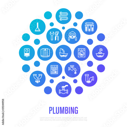 Plumbing concept in circle shape. Thin line icons: water meter, bathtub, sink, water filter, faucet, washing machine, dishwasher, siphon, pipe, ball valve. Vector illustration, template for mailing.