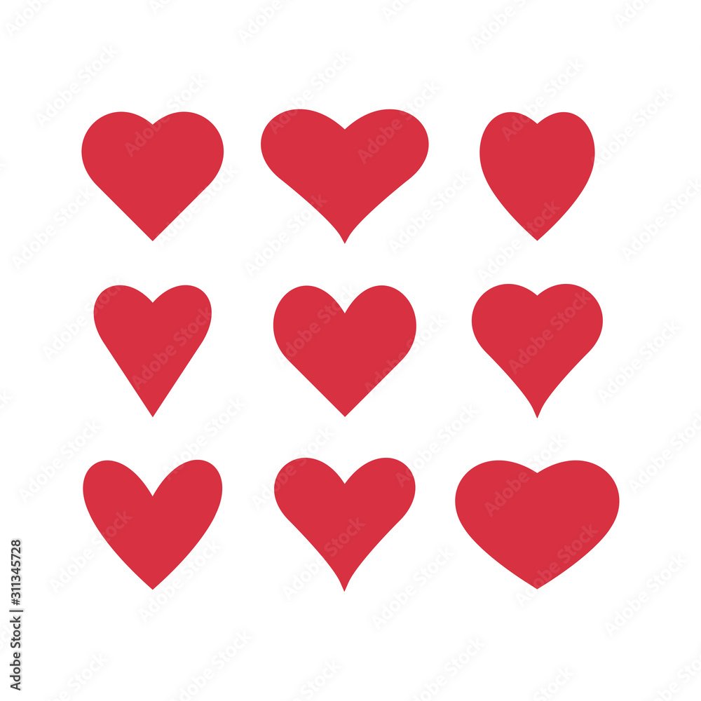 Set of red hearts icons. Love symbols. Vector illustration.