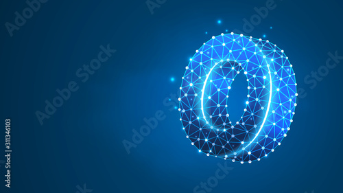 Alphabet letter O. Design of an Uppercase letter. Banner, template or a pattern. Abstract digital wireframe, low poly mesh, vector blue neon 3d illustration. Triangle, line dot