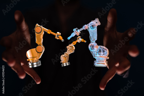 Industry 4.0 concept -  Robot arm in smart factory background.