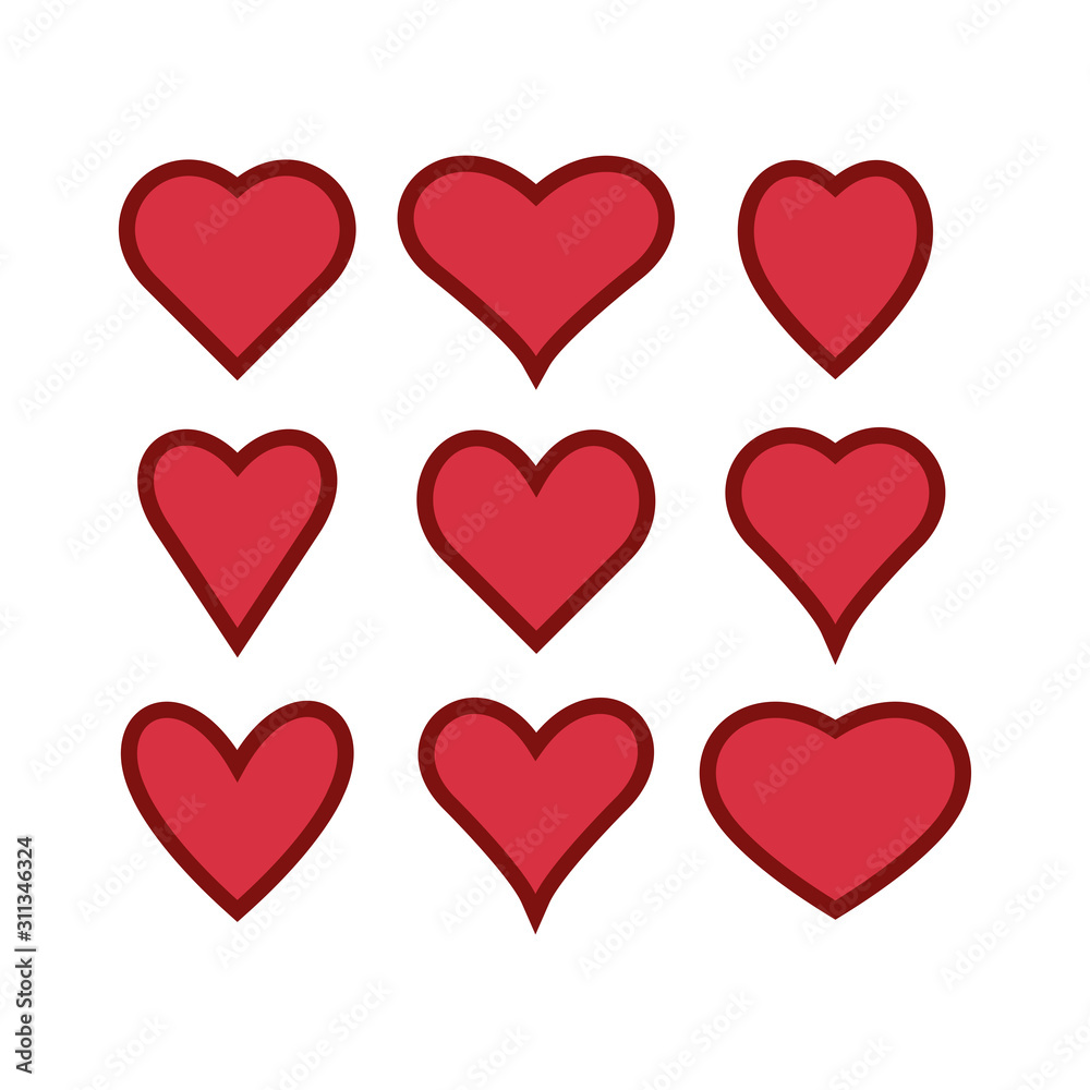 Set of red hearts icons. Love symbols. Vector illustration. Set of red hearts icons. Love symbols. Vector illustration.