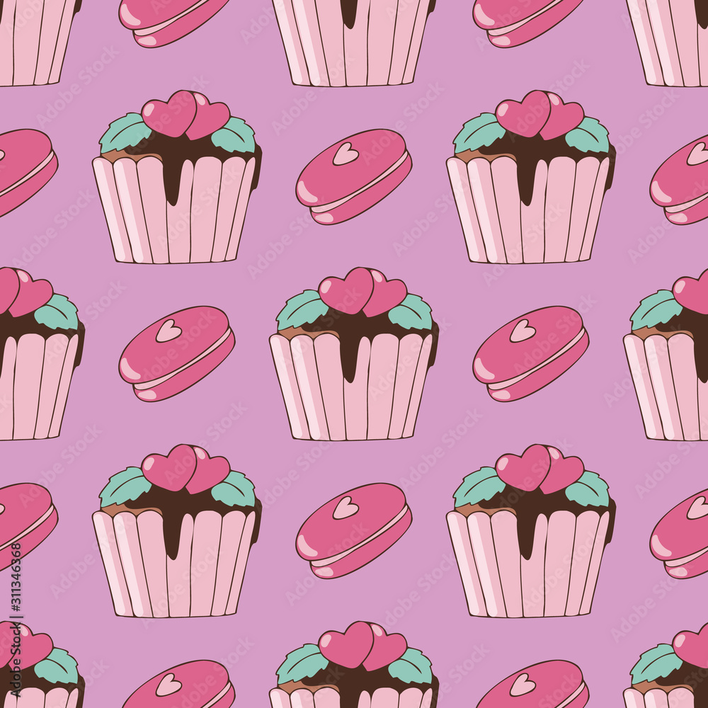 Vector seamless pattern with cute cupcake with hearts and macaroons. Colorful image on pink background. Design for Greeting cards, Scrapbooking, Textile, Wrapping paper, wallpaper, Invitations.