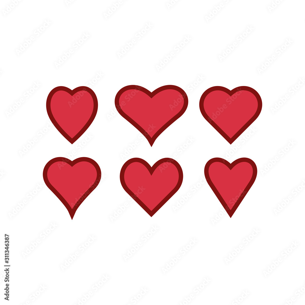 Set of red hearts icons. Love symbols. Vector illustration.