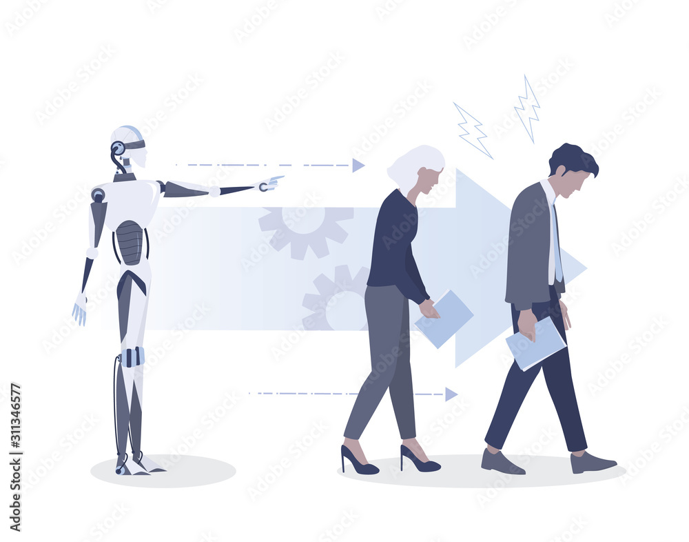 Fototapeta premium Robot is the boss and employees work for it. Tired office workers