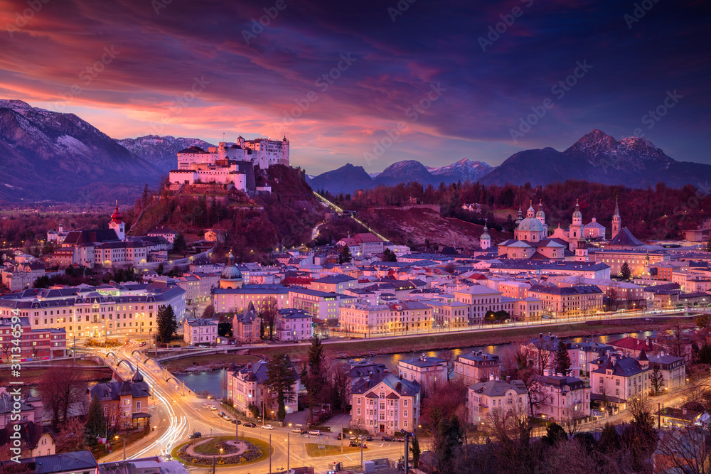 Fototapeta premium Salzburg, Austria. Cityscape image of the Salzburg, Austria with Hohensalzburg Fortress during beautiful winter sunrise.