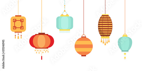 Set of various Chinese lanterns of diffrent collors and shapes.