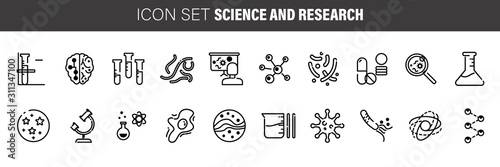 science research and laboratory related line icon set. scientific equipment linear icons.