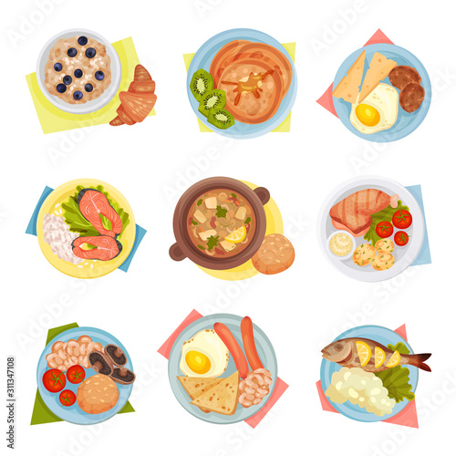 Different Dishes Served on Plates Top Viewed Vector Set