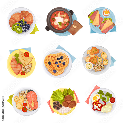 Different Dishes Served on Plates Top Viewed Vector Set