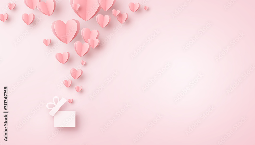 Hearts with gift box postcard. Paper flying elements on pink background. Vector symbols of love for Happy Women's, Mother's, Valentine's Day, birthday greeting card design. - obrazy, fototapety, plakaty 
