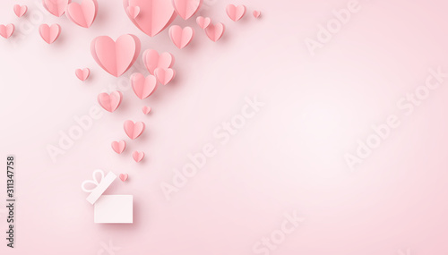 Hearts with gift box postcard. Paper flying elements on pink background. Vector symbols of love for Happy Women's, Mother's, Valentine's Day, birthday greeting card design.