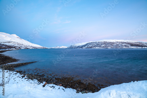 beautiful view over fjord. Tromso, Norway. Polar night. long shutter speed