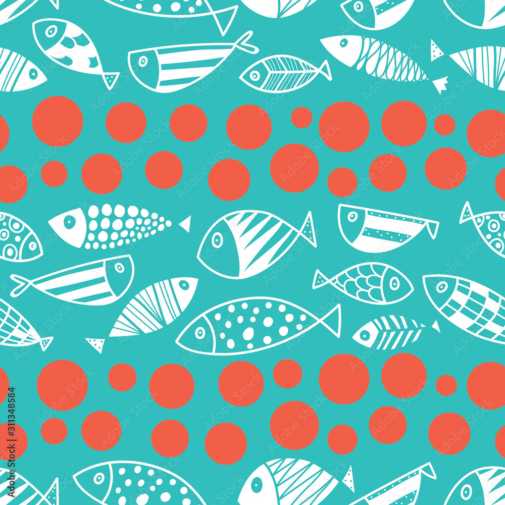 Cute line fish.  Kids background. Seamless pattern.