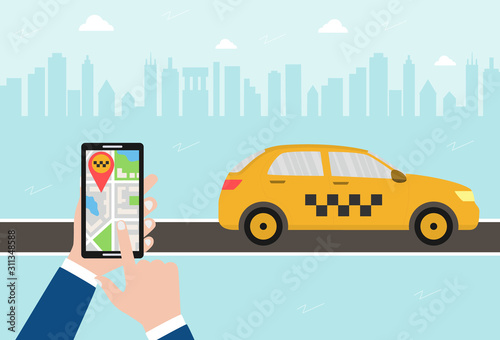 Taxi call mobile application concept. Male hand holds a smartphone with a city map and GPS, destination. Yellow taxi car on the road. Flat vector illustration on urban background.