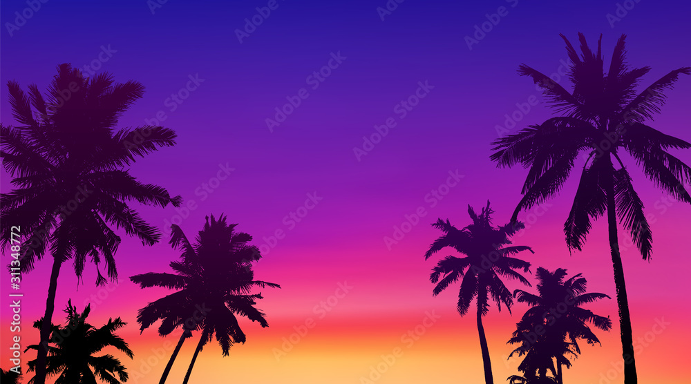 Black palm trees silhouettes at colorful sunset background, vector tropic banner illustration background - obrazy, fototapety, plakaty 